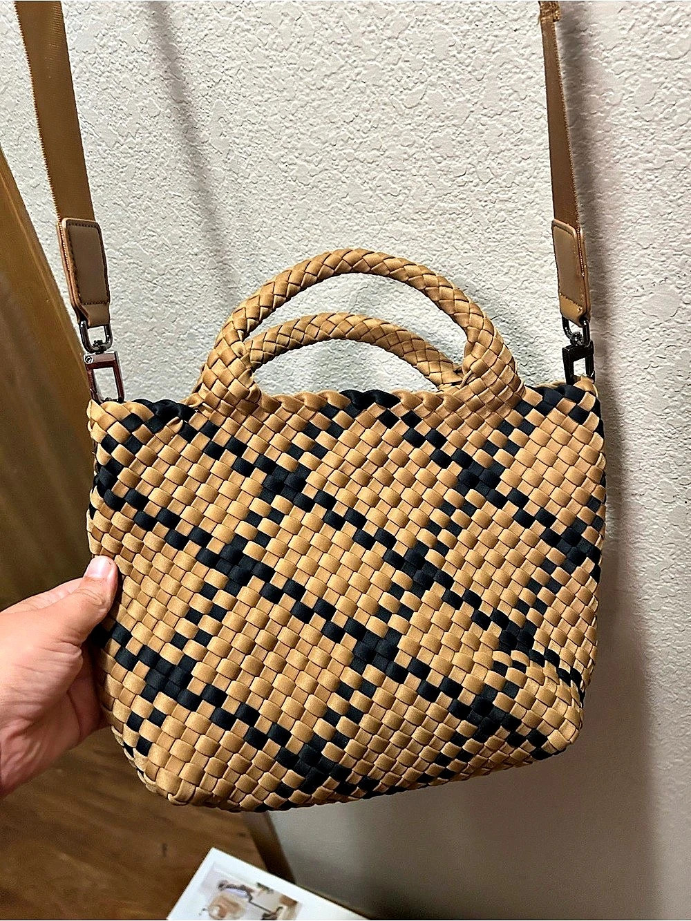 Woven Geometric Shoulder Bag in Brown & Black
